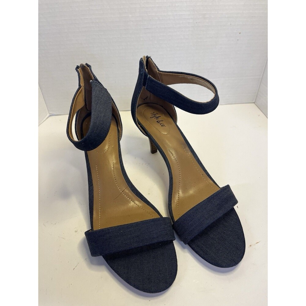 Style & Co Paycee Denim Blue Sandals Womens 10 Zip Back 3” Heel Strap Shoes